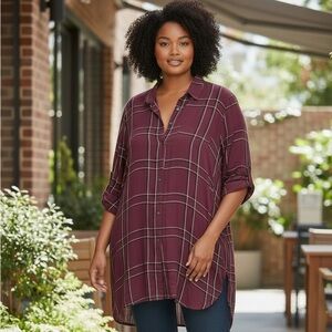 Reitmans Plaid Button Down Plum Lightweight Split Hem Tunic Shirt Mini Dress
